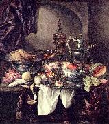 Abraham van Beijeren Still life with fruit, roast, silver- and glassware, porcelain and columbine cup on a dark tablecloth with white serviette. Sweden oil painting artist